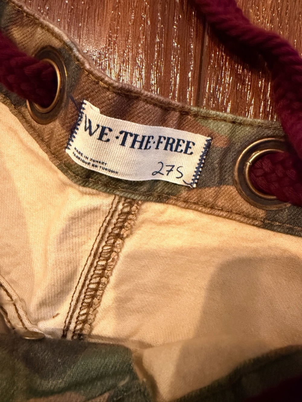 We The Free Camo moxie Wide Leg Jeans with Burgundy Drawstring - Picture 2 of 5